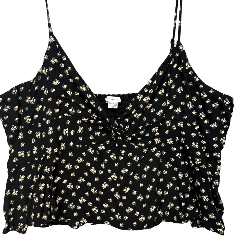 American Eagle ‎ Black Floral Twist Front Smocked Back Cami Top Sleeveless XXL